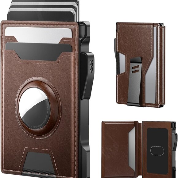 Elegant Brown Slim RFID Wallet with Pop-Up Card CaseFor Apple AirTag